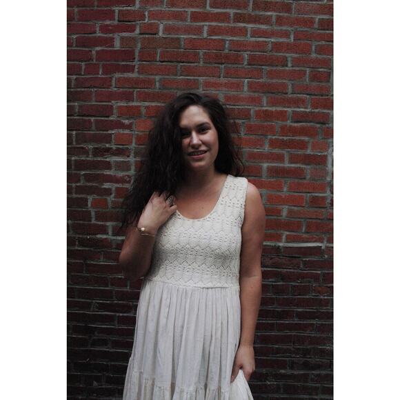 Vintage 60s Ivory Crochet Gauze Midi Dress | Cottagecore Prairie | Size L - Picture 3 of 10